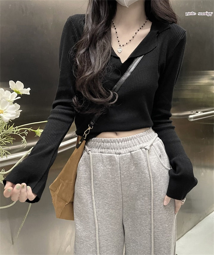 Slim fit short lapel base knit sweater