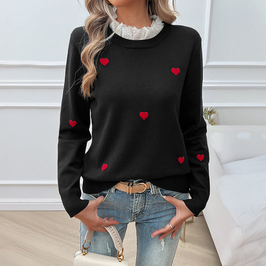 Autumn and winter foreign trade tops for women, elegant and casual, embroidered love long-sleeved sweater