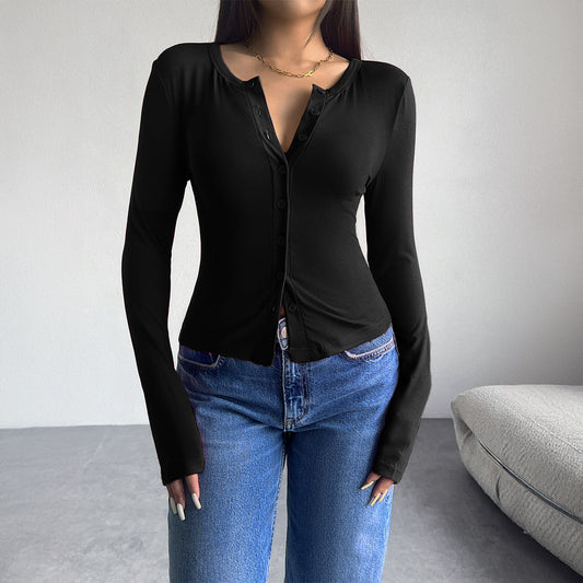 Autumn and Winter Tops Women's Solid Color Slim Cardigan Button Long Sleeve T-shirt