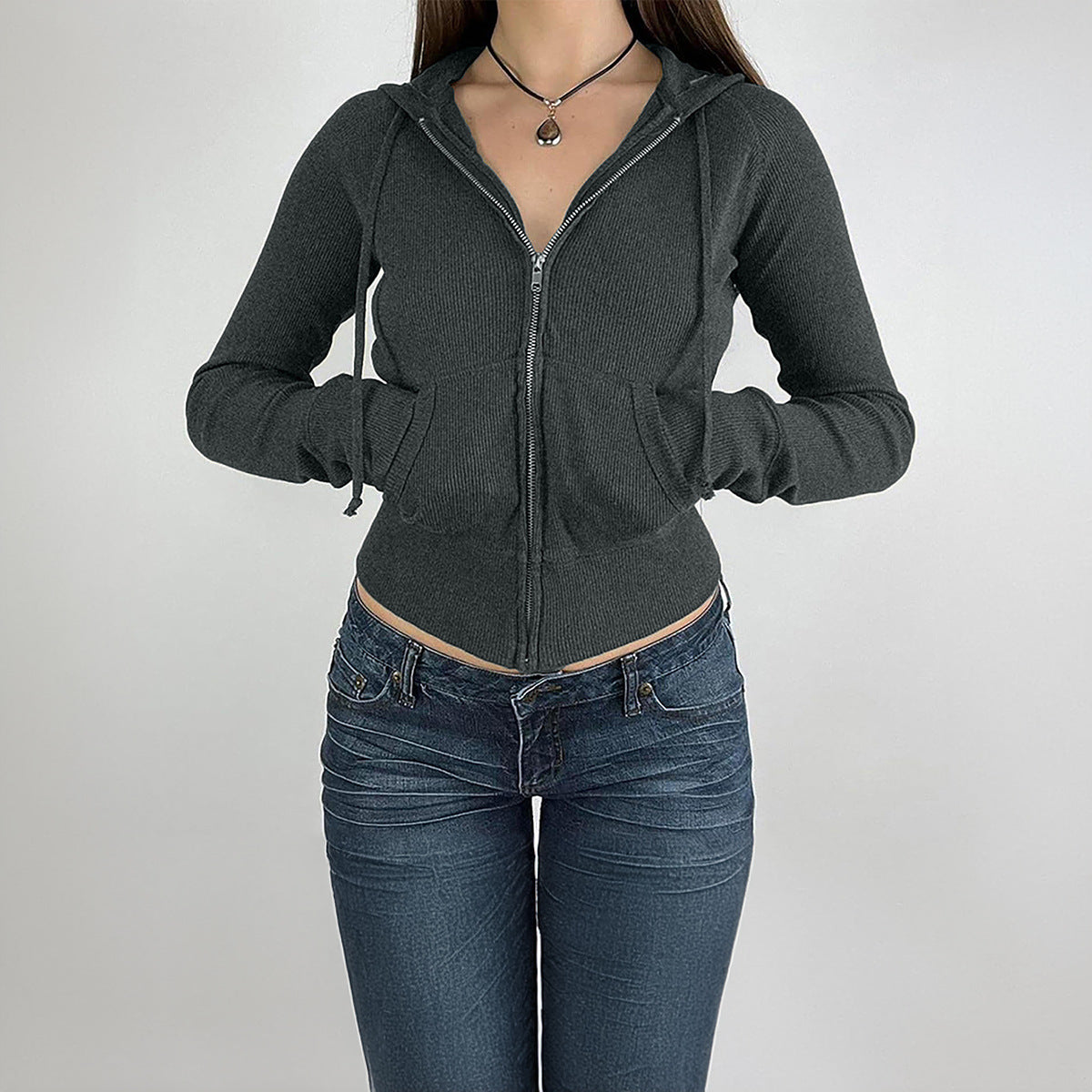 Autumn and winter temperament slim short zipper cardigan hooded jacket for women