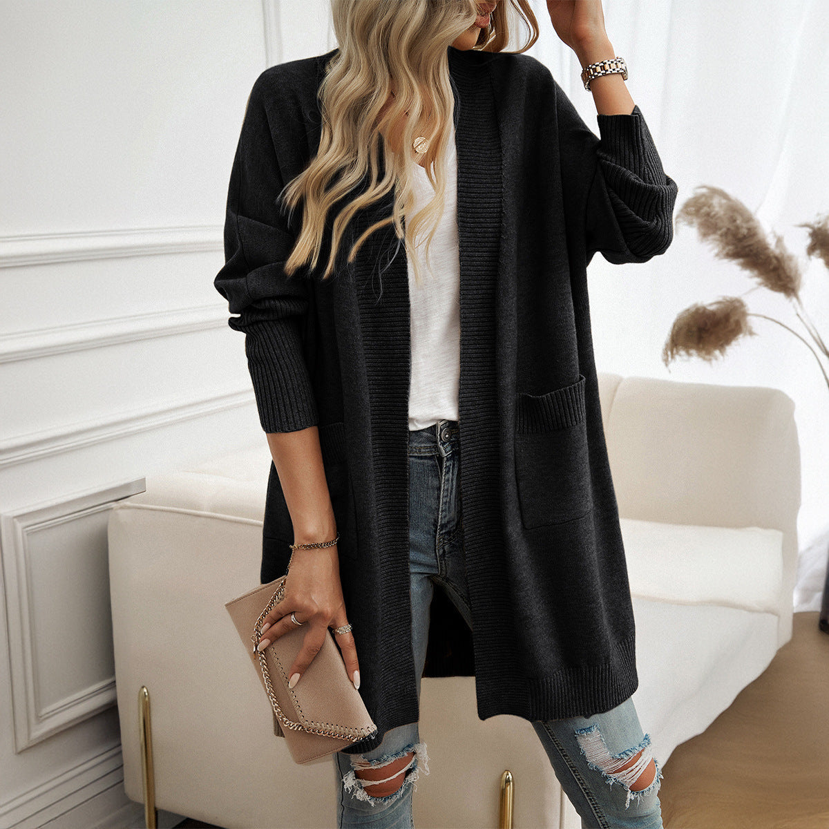 Diyun autumn and winter women's bat sleeve temperament cardigan solid color sweater coat