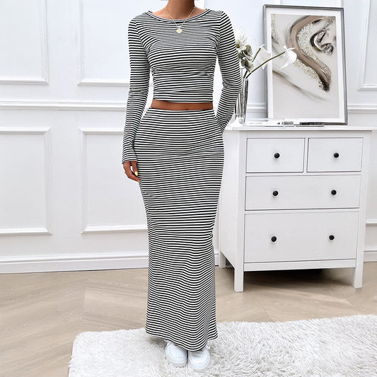 2024 Autumn and Winter Women's Temperament Casual Contrast Striped Knitted Long Sleeve Dress Set