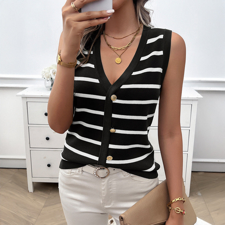 2024 Spring and Summer Women's Casual V-Neck Contrast Color Cardigan Sleeveless Sweater Women