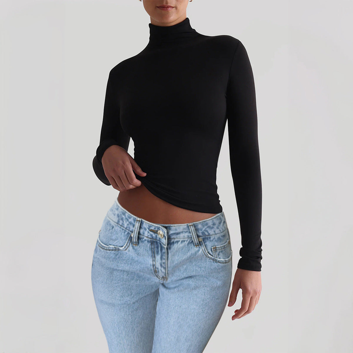 Autumn and winter women's slim solid color knitted bottoming long-sleeved top