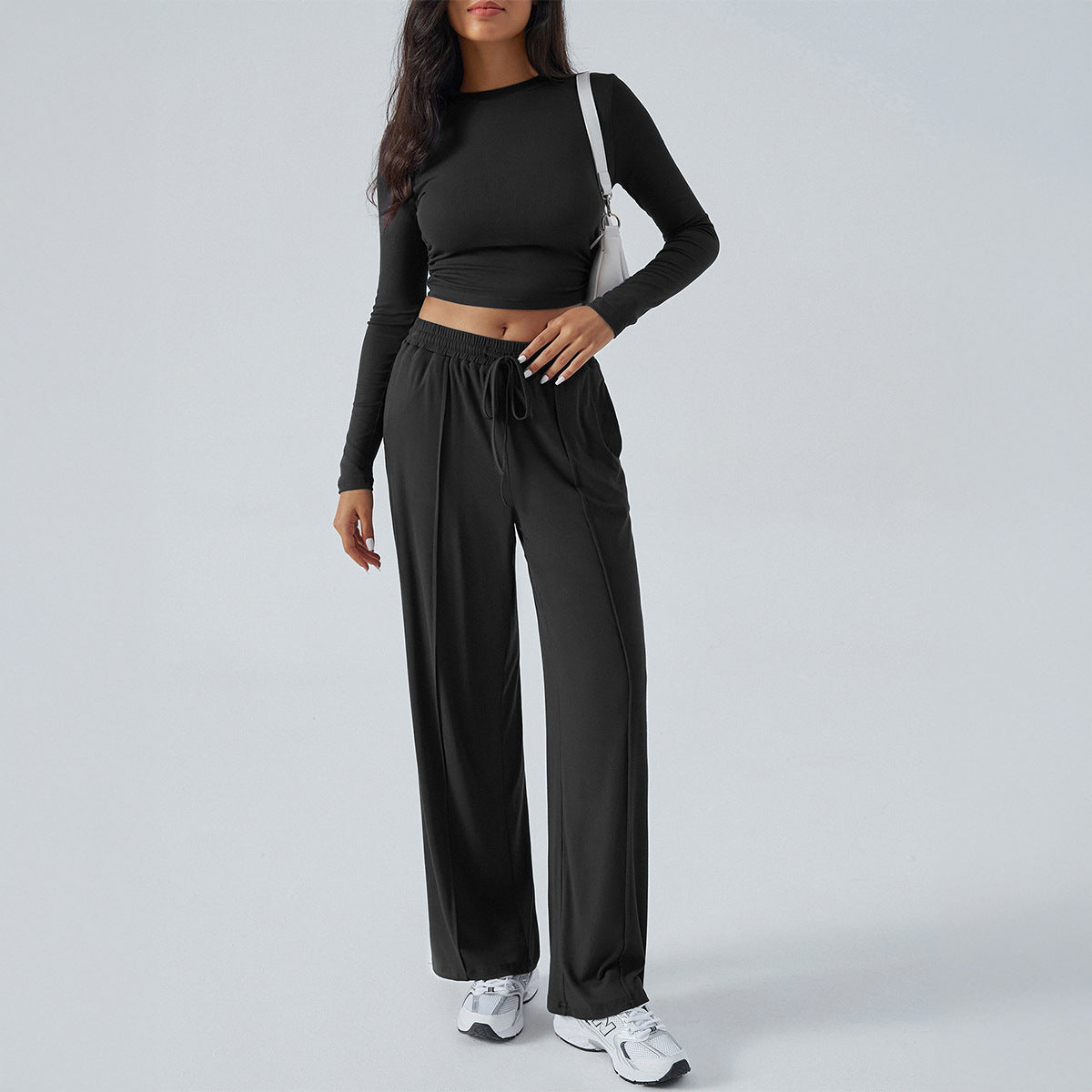 Autumn and winter women's temperament round neck long sleeve top wide leg pants suit