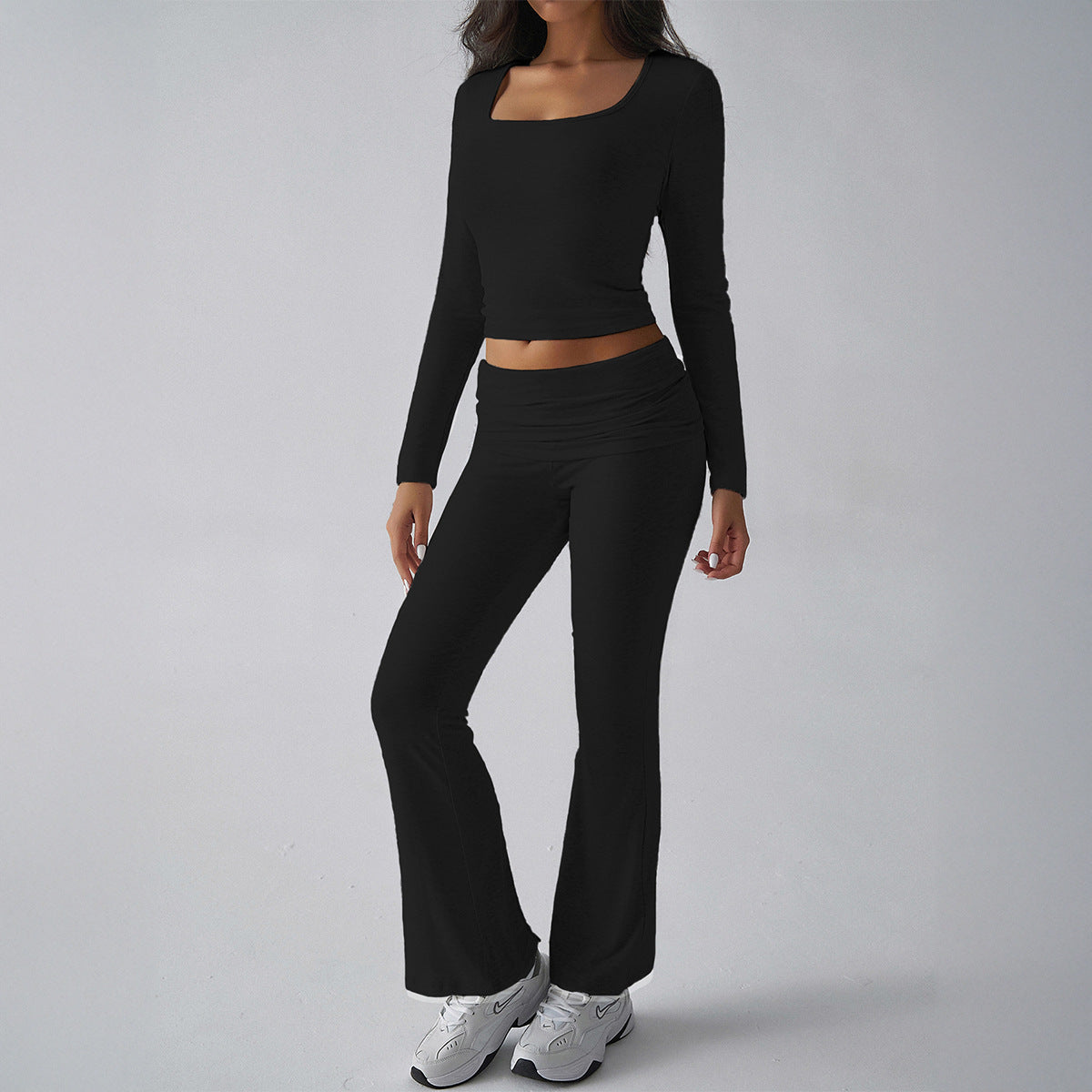 Diyun autumn and winter solid color casual knitted long-sleeved top yoga suit two-piece pants suit