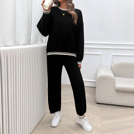 Women's autumn and winter temperament casual contrast color knitted sweater trousers suit