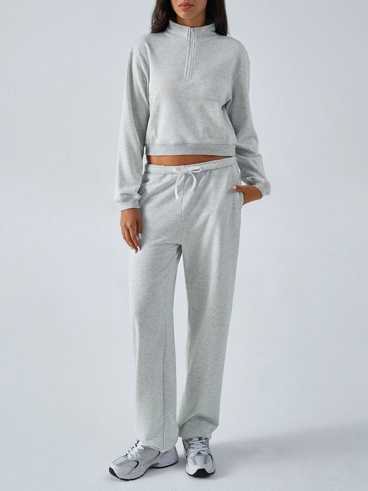 Autumn and winter casual sports style solid color half-zip long-sleeved sweatshirt straight pants suit