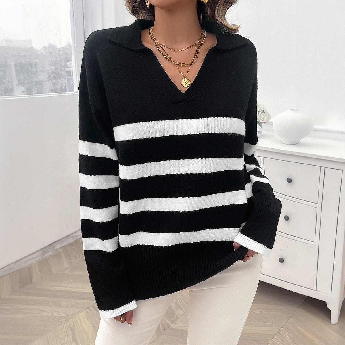 Autumn and winter women's casual loose striped contrast color lapel sweater tops for women