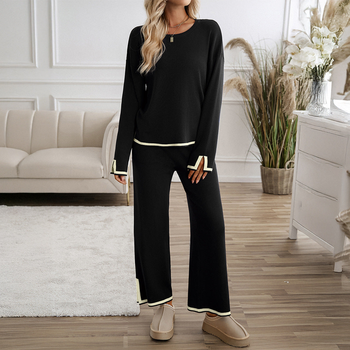 Temperament casual solid color knitted long-sleeved sweater and pants suit