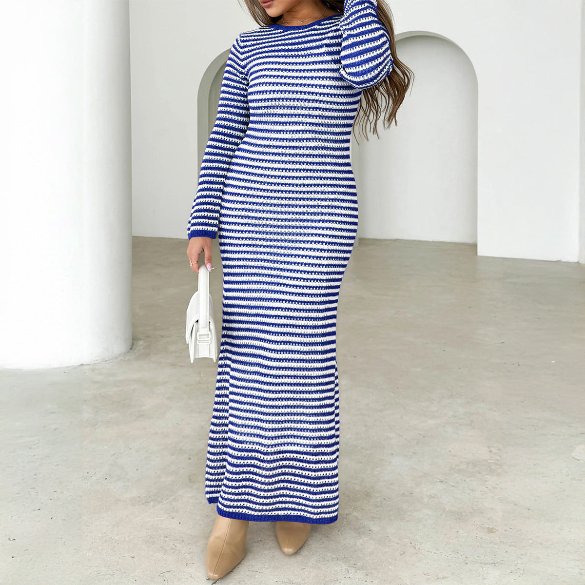 Autumn and winter long skirt women's casual contrast color striped long sleeve sweater dress