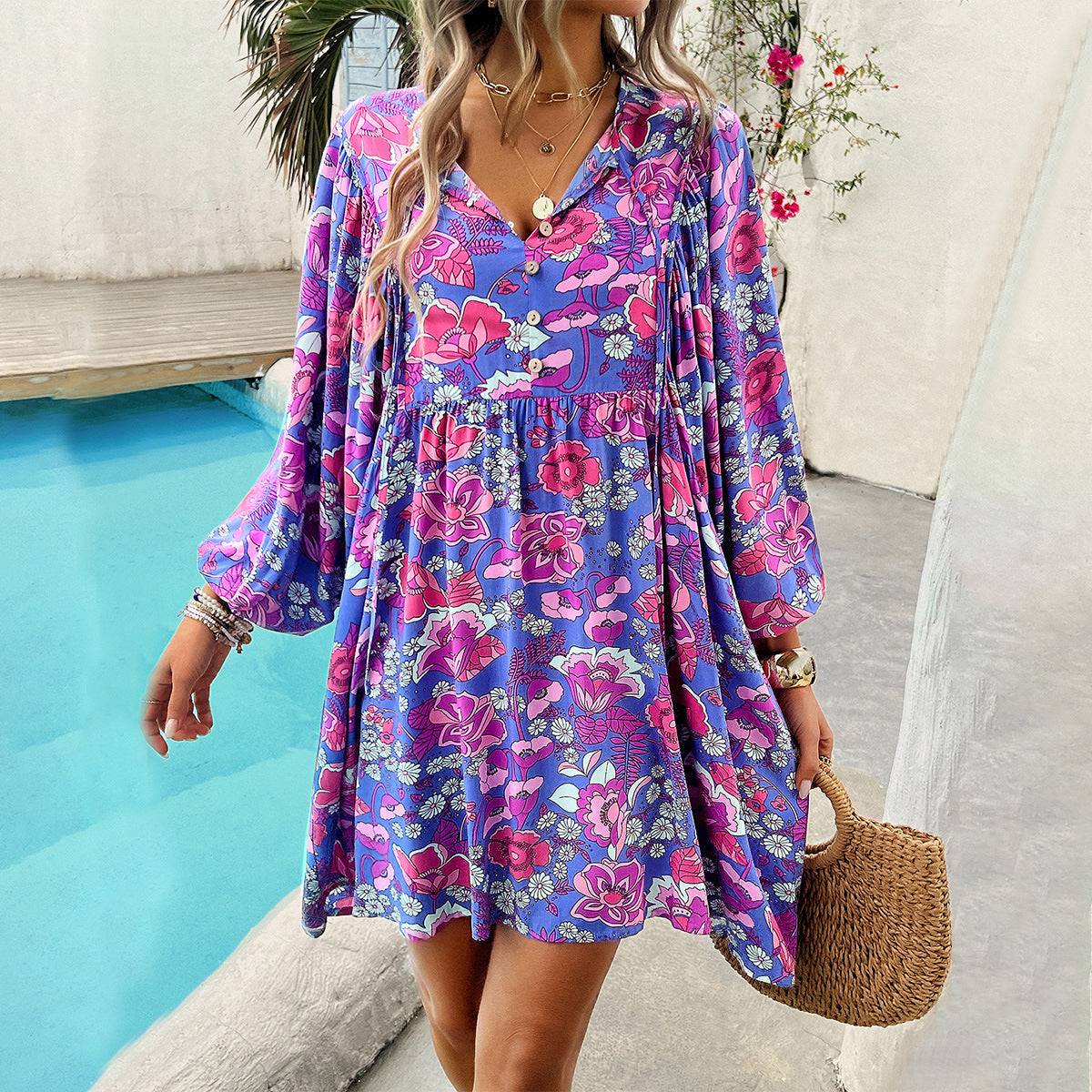 Women's 2024 Spring and Summer Leisure Vacation Printed Long Sleeve Dress