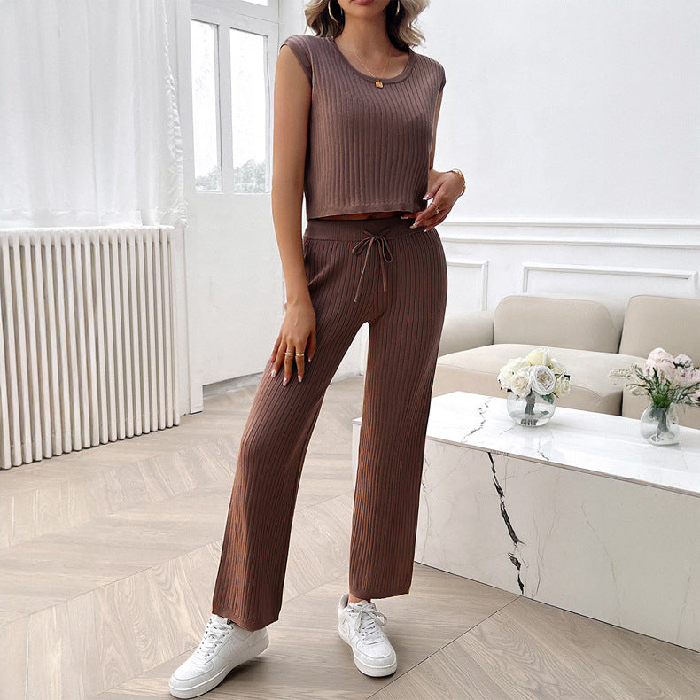 Spring and summer women's round neck temperament slim vest sweater pants suit