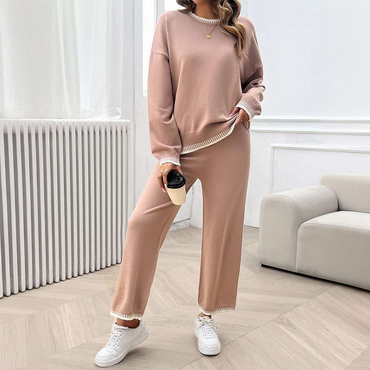 Women's autumn and winter temperament casual contrast color knitted sweater trousers suit