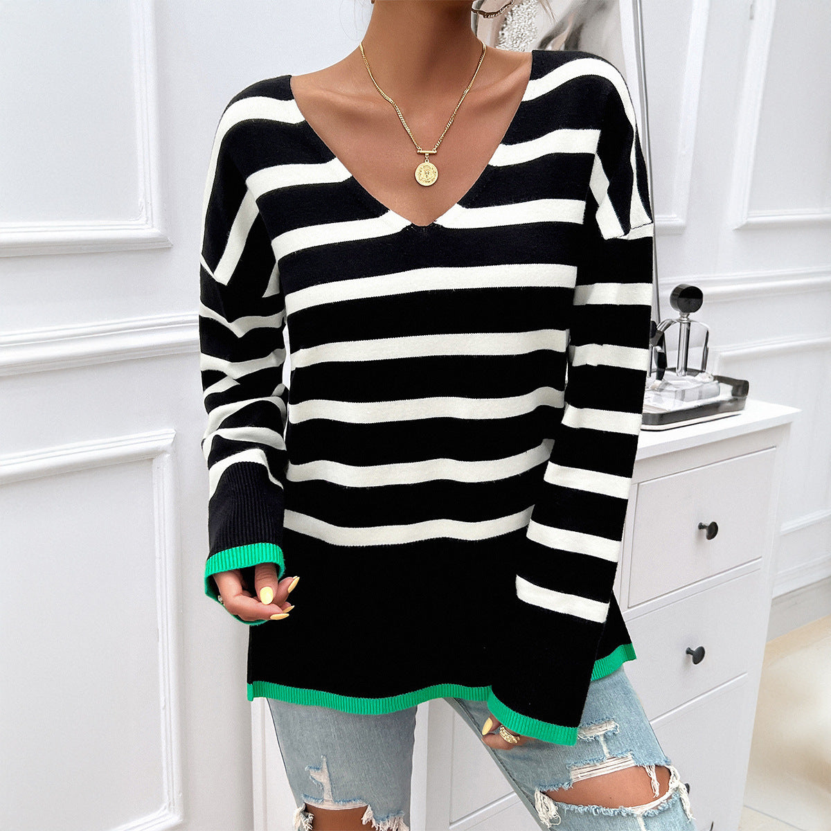 Autumn and winter women's clothing temperament casual loose contrast color v-neck long-sleeved sweater