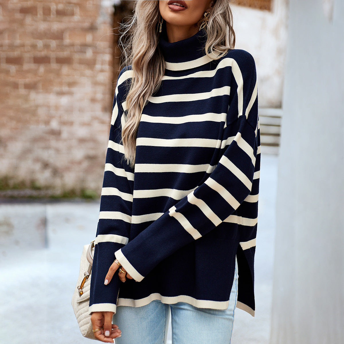 women's autumn and winter striped turtleneck sweater knitted top