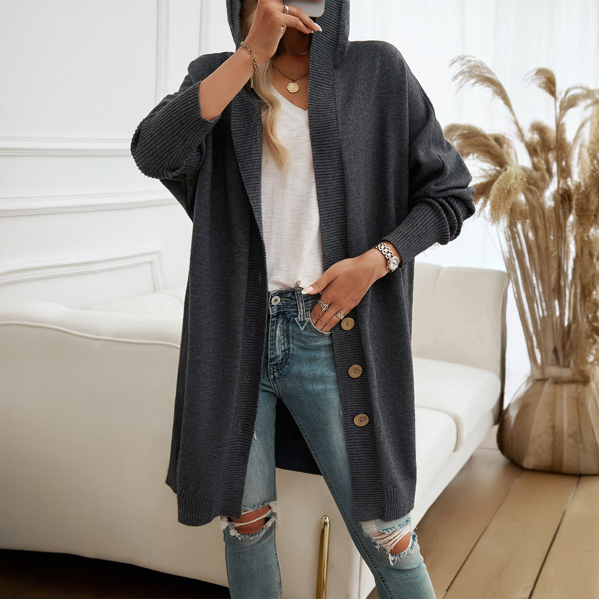 Autumn and winter new casual loose cardigan buttoned hooded sweater jacket for women