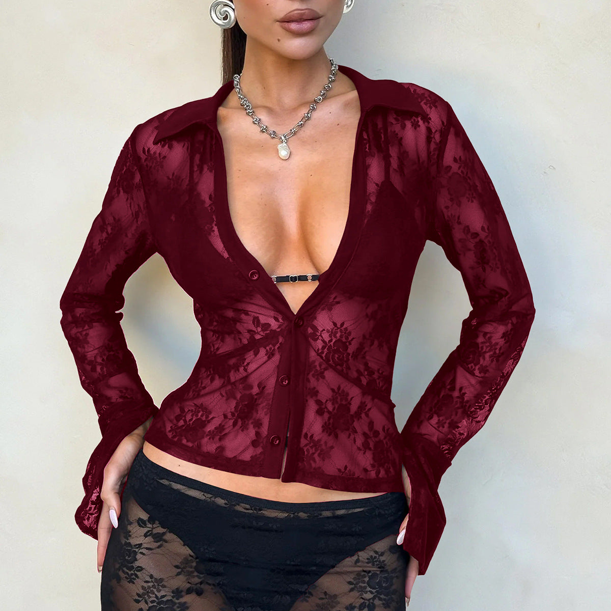 Autumn and winter sexy waist hollow cardigan lace shirt tops for women