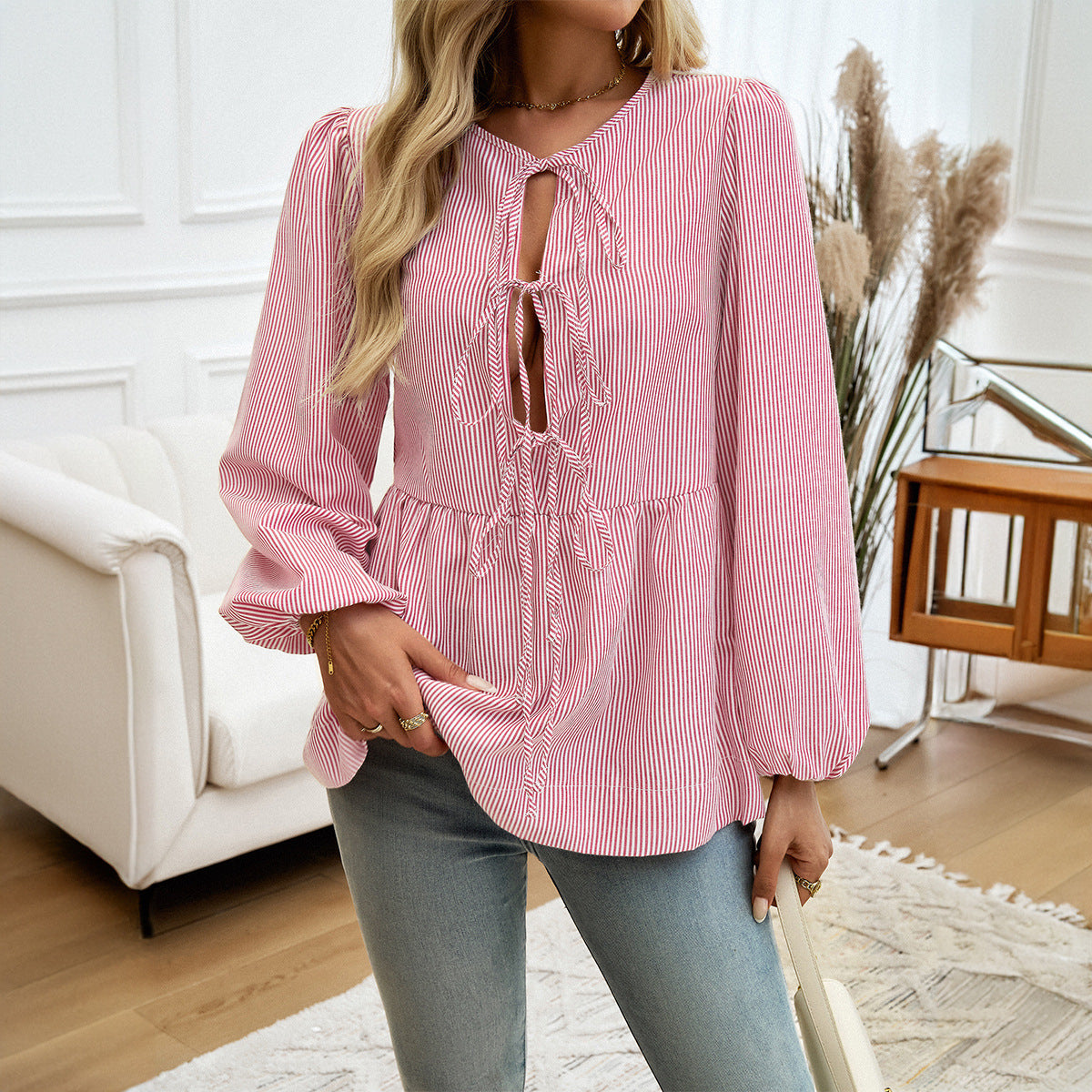 Autumn and winter foreign trade Amazon European and American tops women's casual loose striped lantern sleeve lace-up shirt