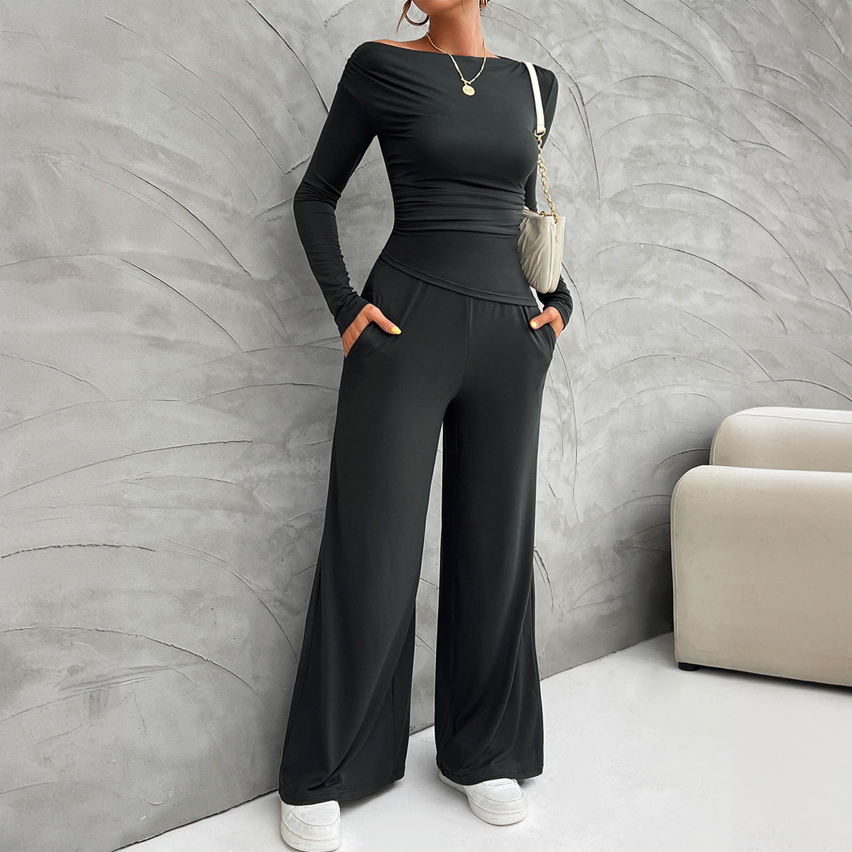 Autumn and winter women's slim long-sleeved top wide-leg trousers suit