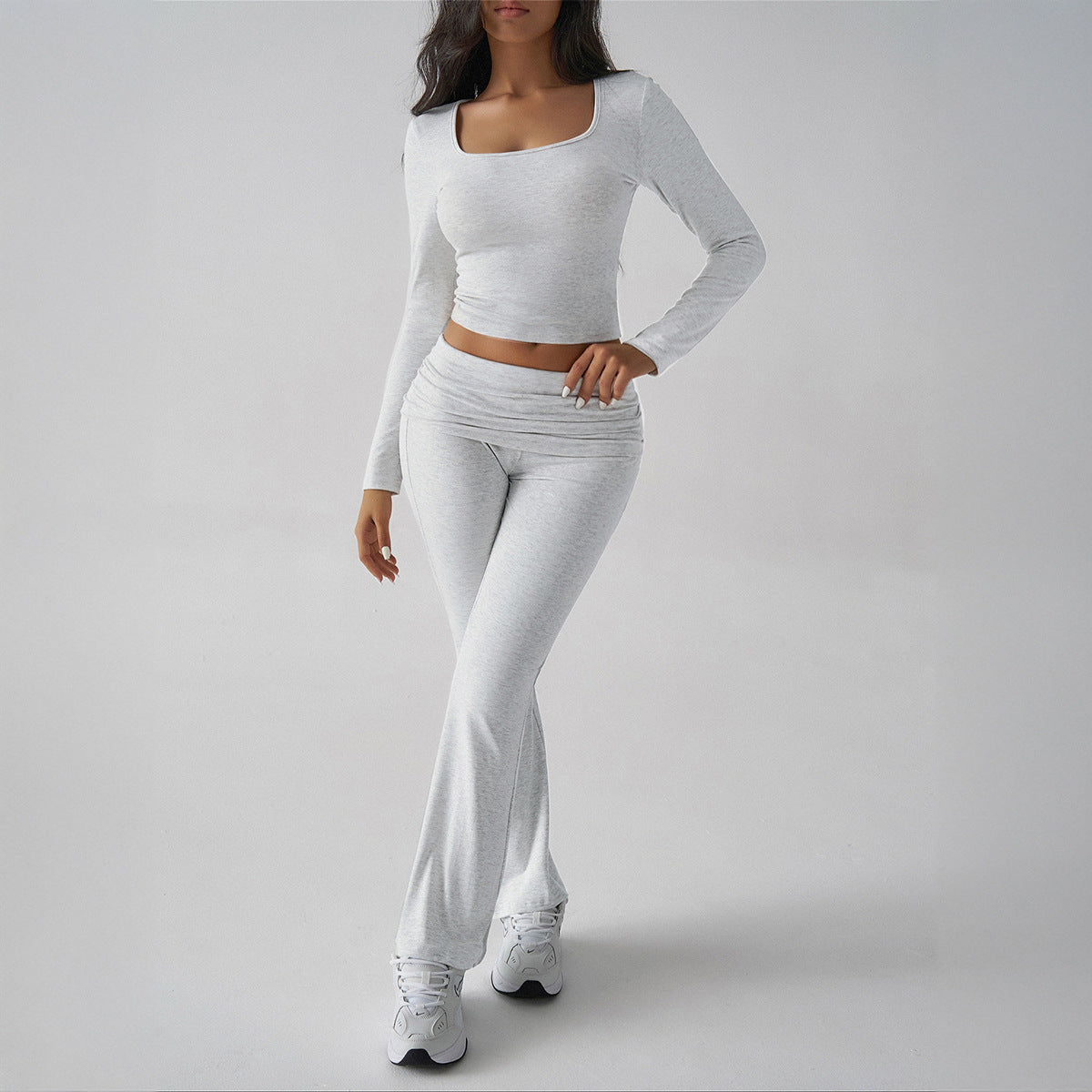 Diyun autumn and winter solid color casual knitted long-sleeved top yoga suit two-piece pants suit