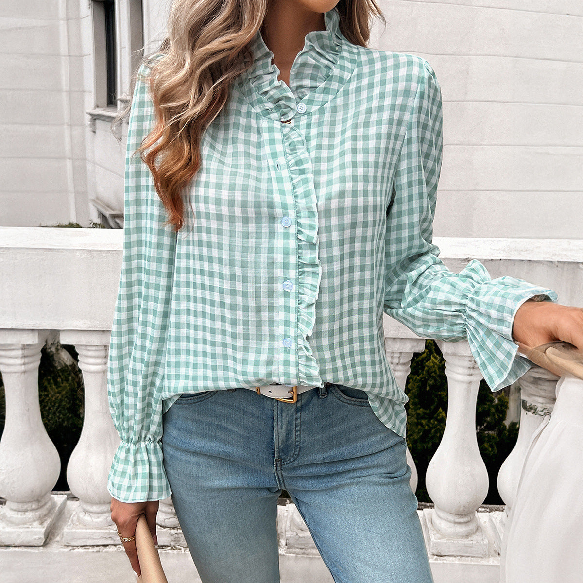 2024 Autumn and Winter Tops Women's French Contrast Button Shirt