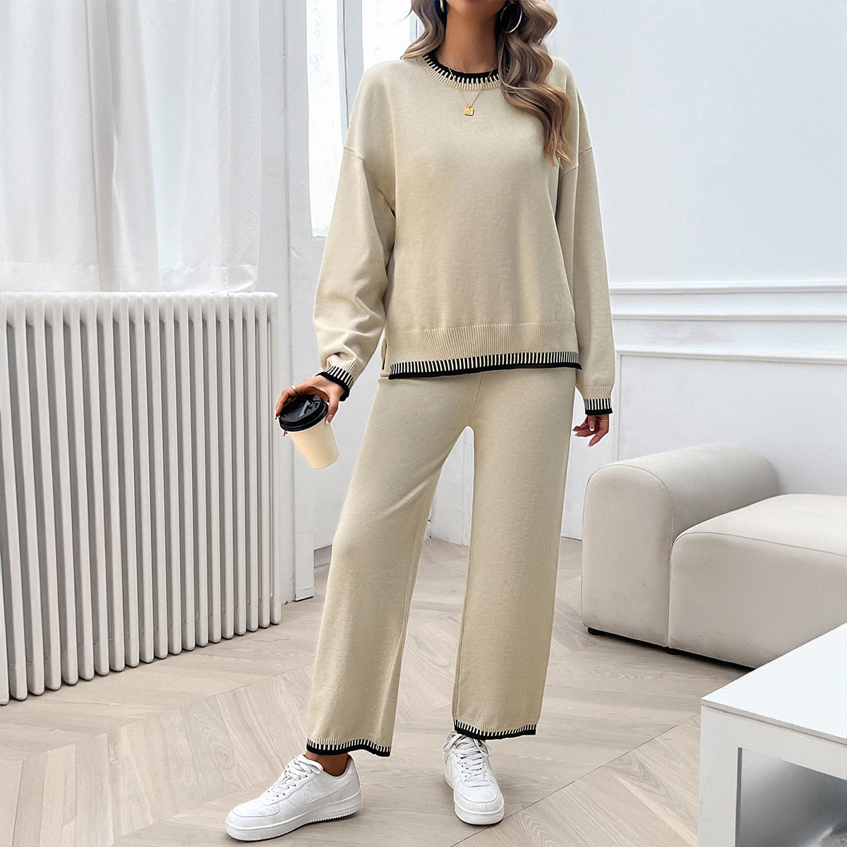 Women's autumn and winter temperament casual contrast color knitted sweater trousers suit