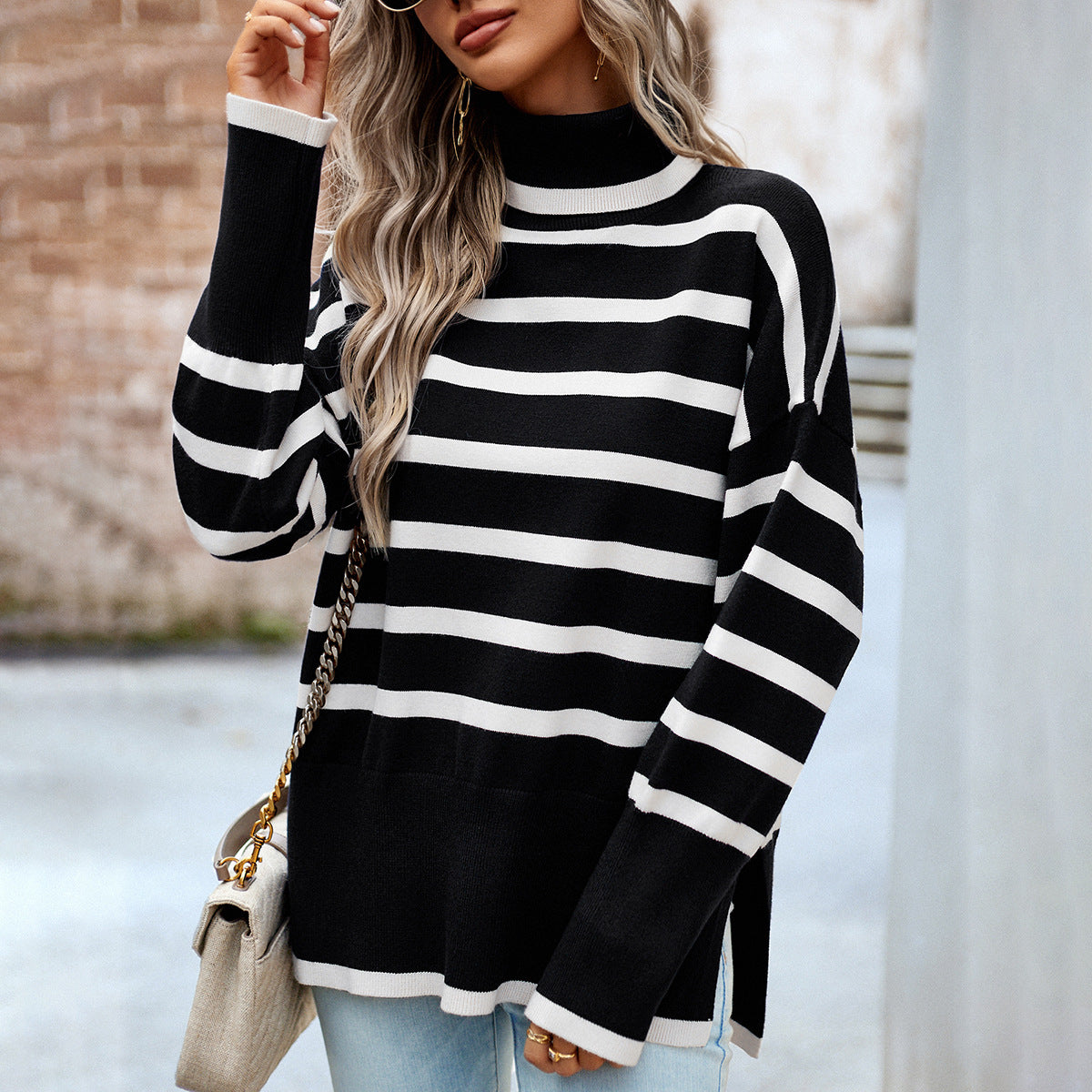 women's autumn and winter striped turtleneck sweater knitted top