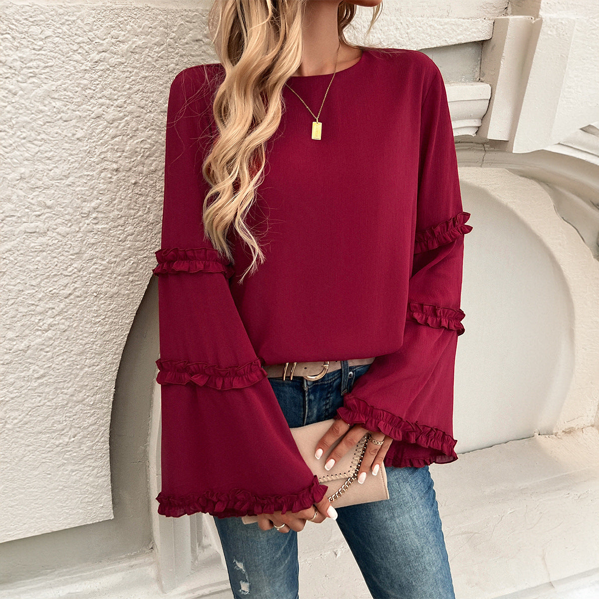 Autumn and winter new temperament lady loose flared long-sleeved tops for women