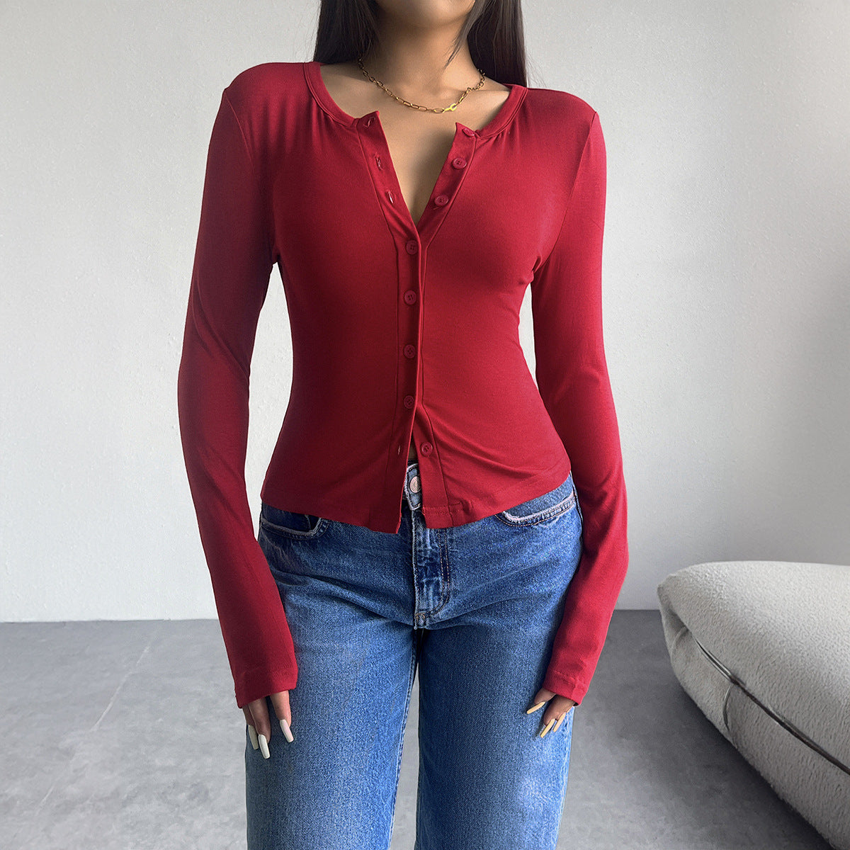 Autumn and Winter Tops Women's Solid Color Slim Cardigan Button Long Sleeve T-shirt