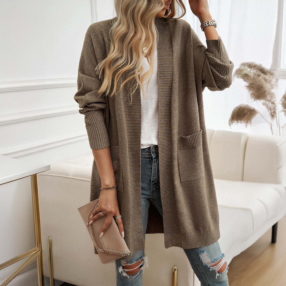 Diyun autumn and winter women's bat sleeve temperament cardigan solid color sweater coat