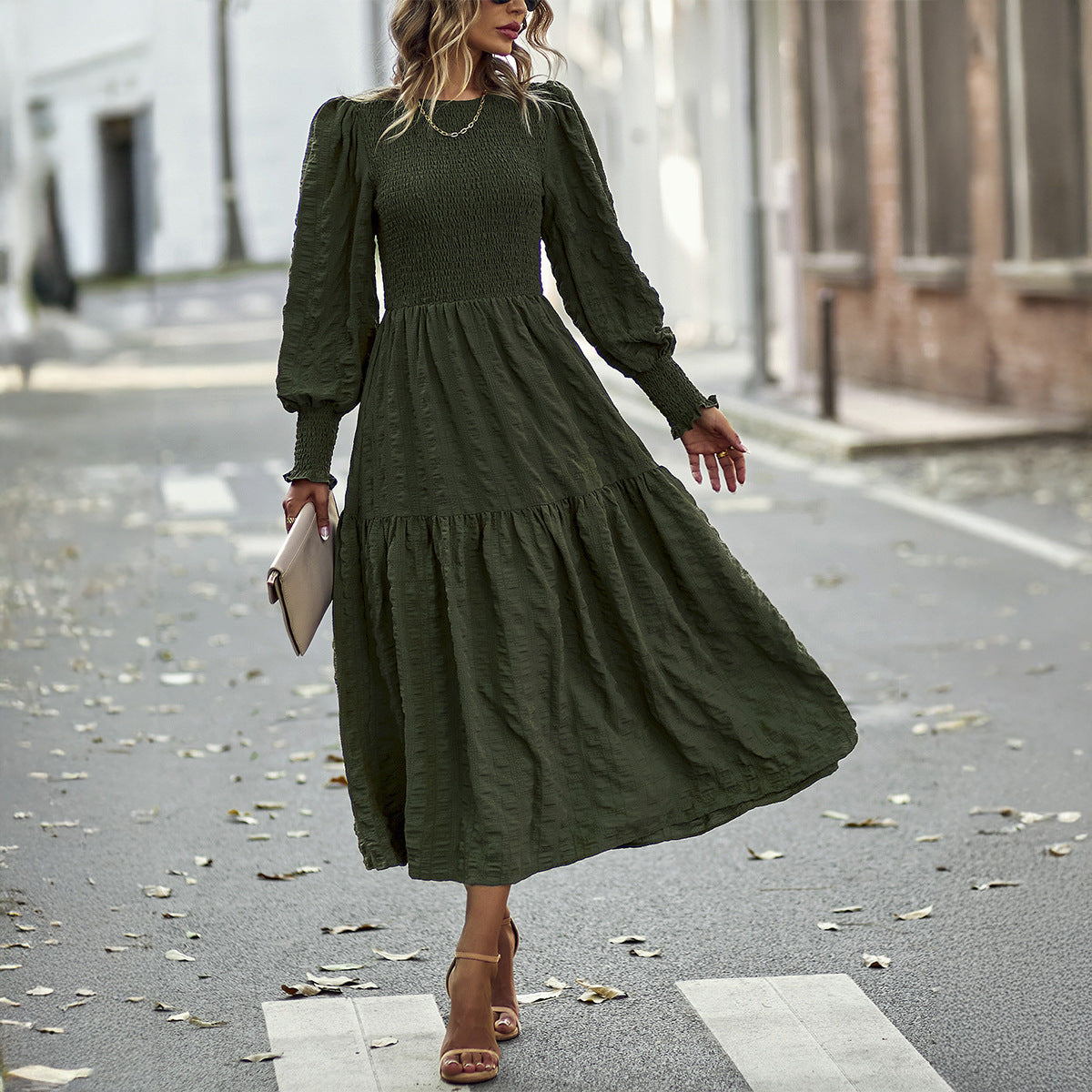 Autumn and winter dress elegant high waist olive long sleeve mid-length dress for women