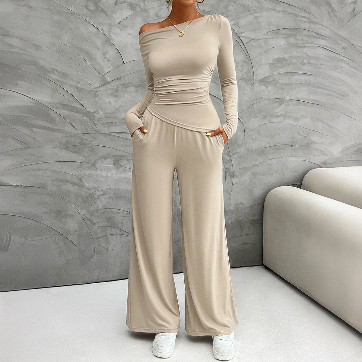 Autumn and winter women's slim long-sleeved top wide-leg trousers suit