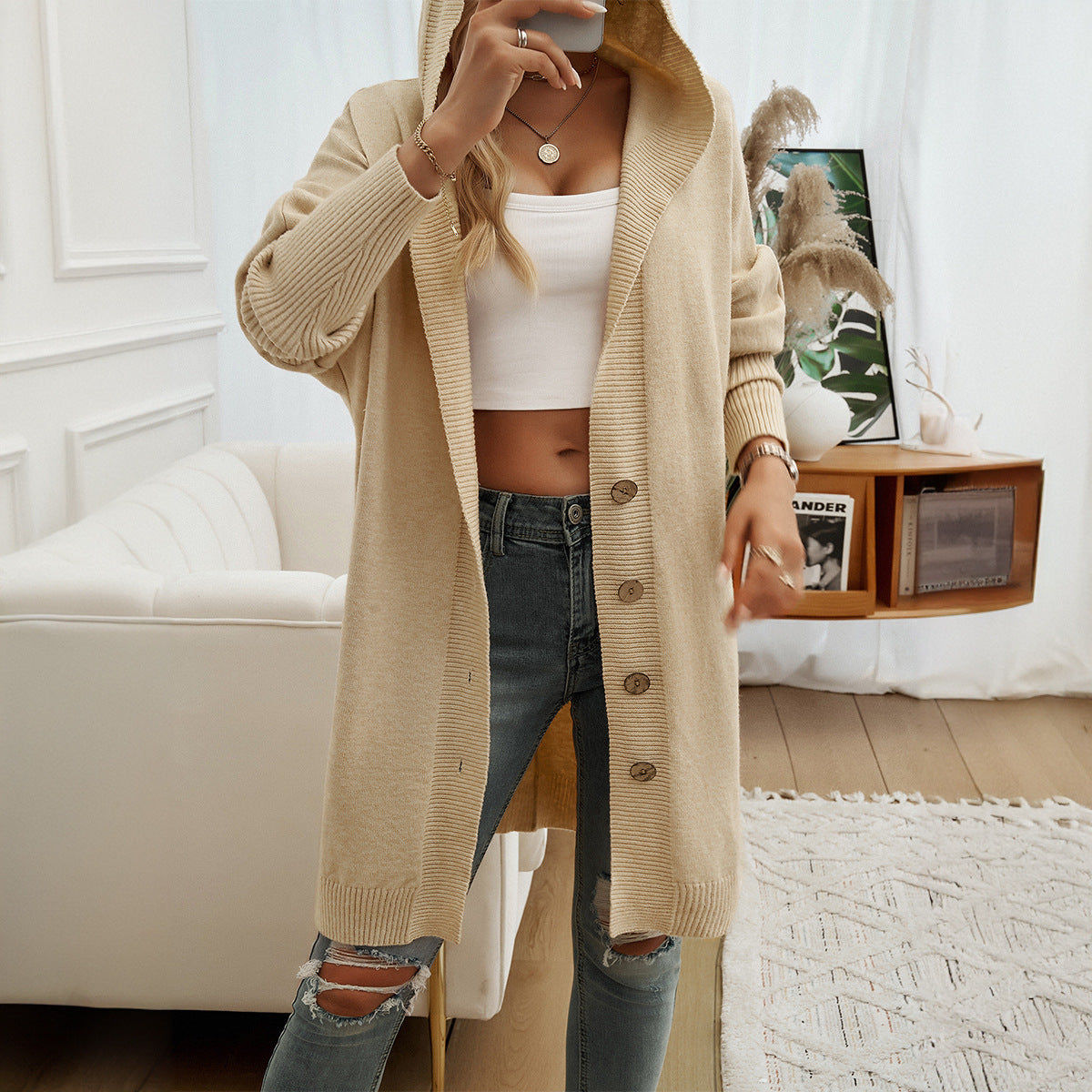 Autumn and winter new casual loose cardigan buttoned hooded sweater jacket for women