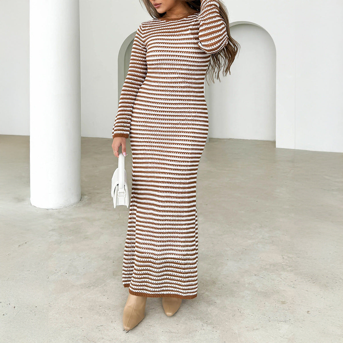 Autumn and winter long skirt women's casual contrast color striped long sleeve sweater dress