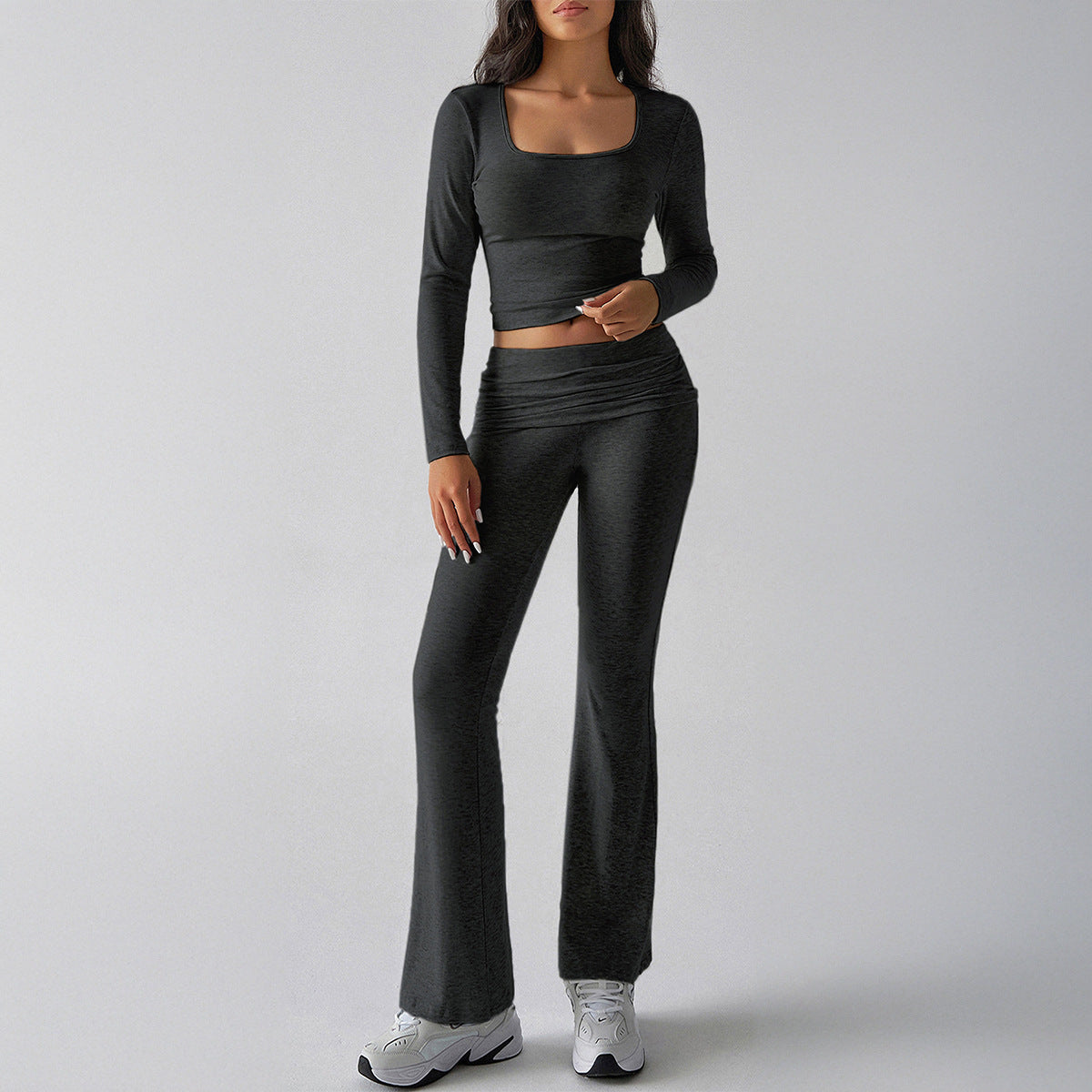 Diyun autumn and winter solid color casual knitted long-sleeved top yoga suit two-piece pants suit