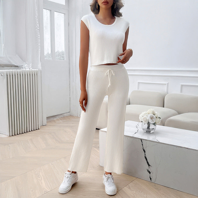 Spring and summer women's round neck temperament slim vest sweater pants suit