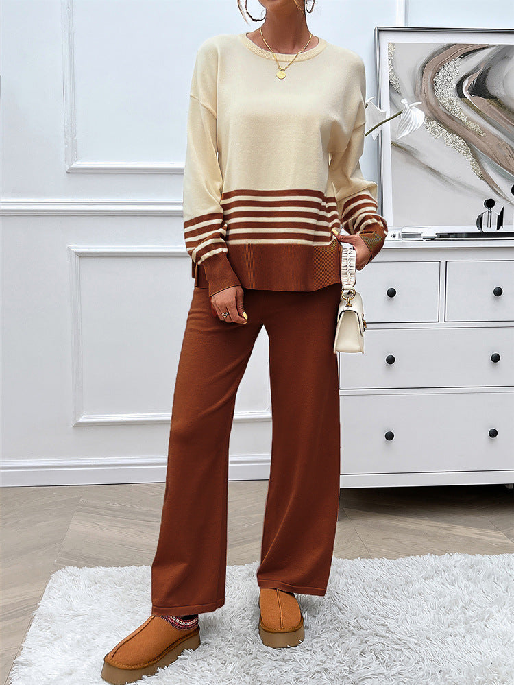 Autumn and winter casual loose contrast color straight trousers sweater suit for women