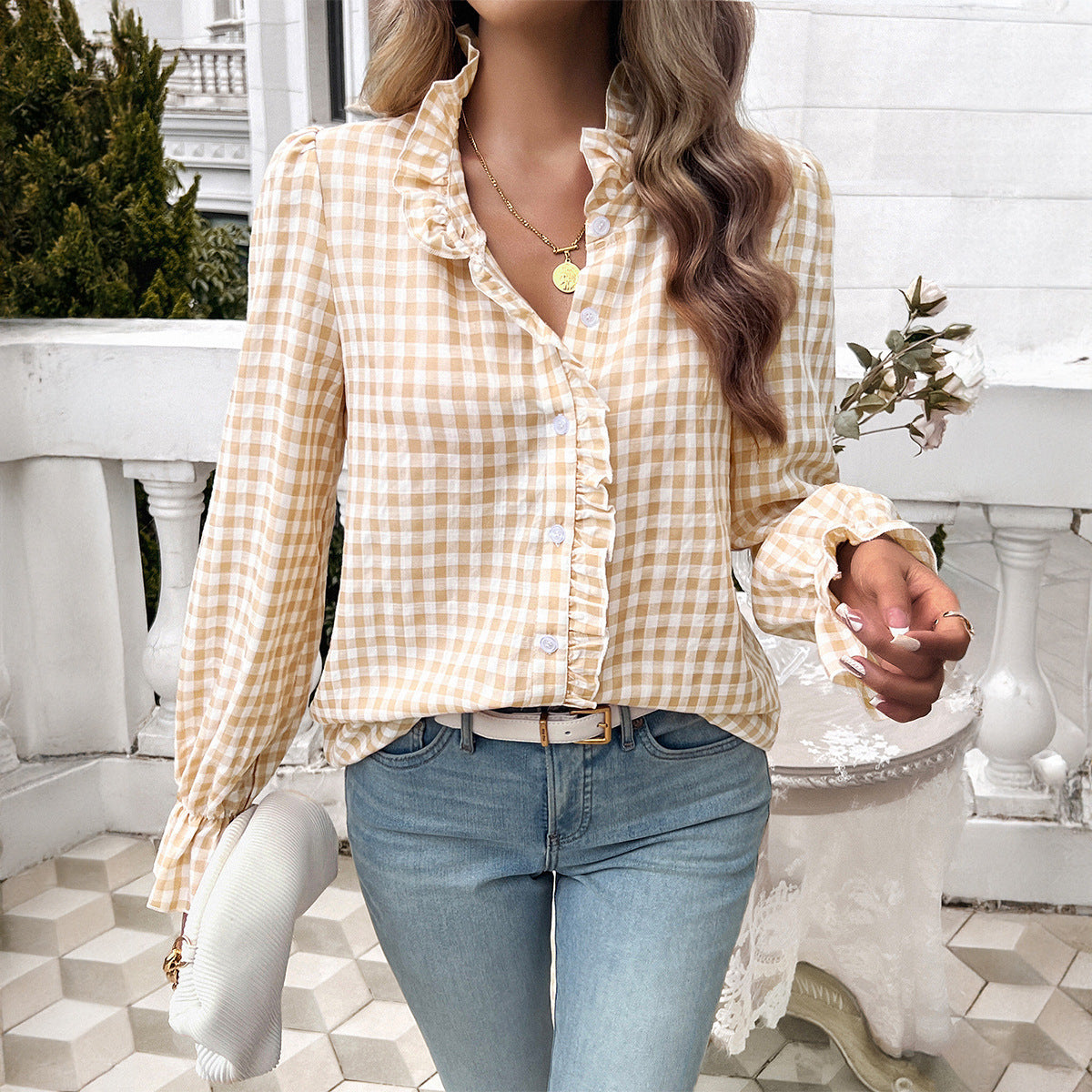 2024 Autumn and Winter Tops Women's French Contrast Button Shirt