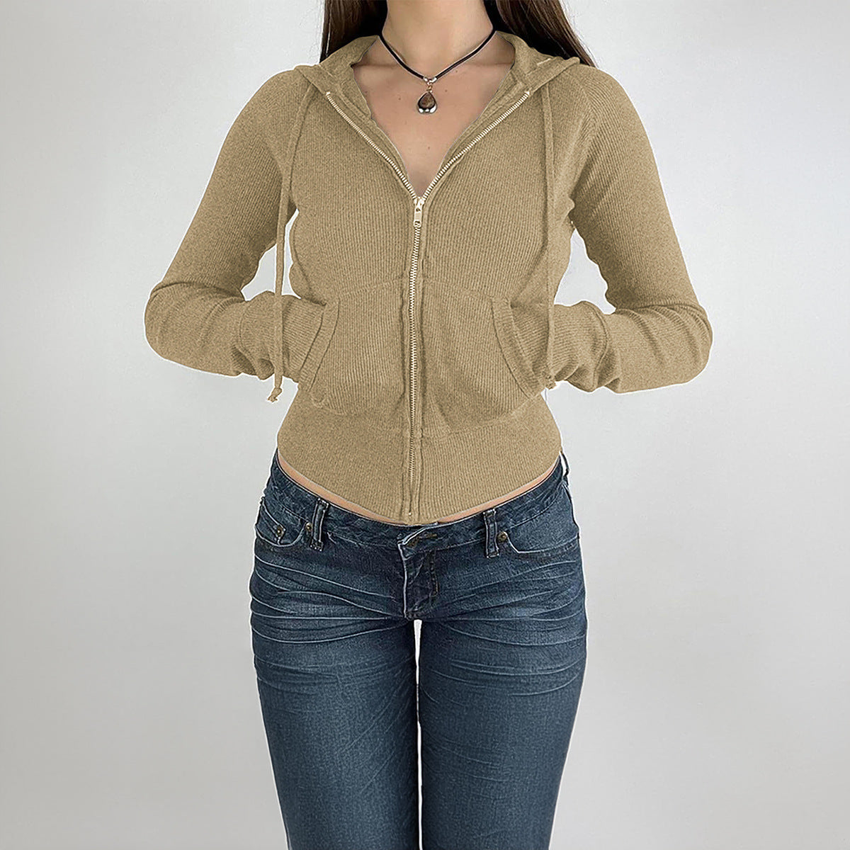 Autumn and winter temperament slim short zipper cardigan hooded jacket for women