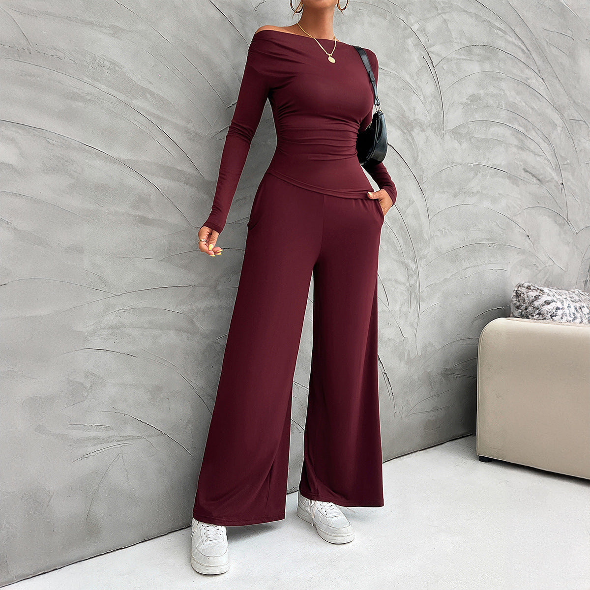 Autumn and winter women's slim long-sleeved top wide-leg trousers suit