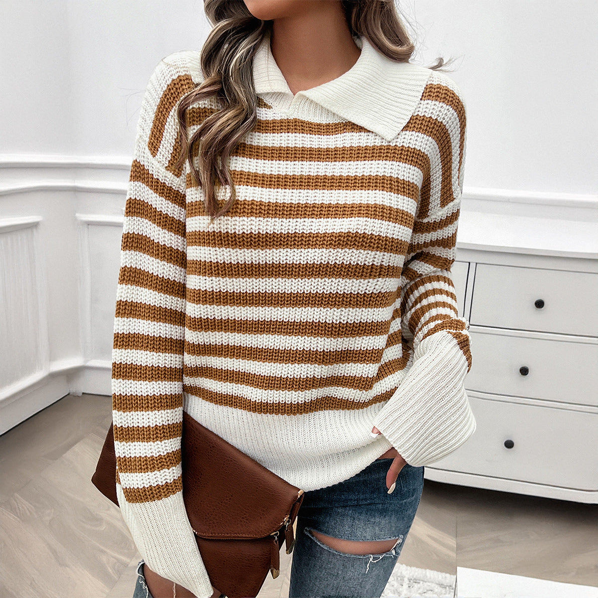 Autumn and winter tops for women, casual loose lapel striped long-sleeved sweater for women