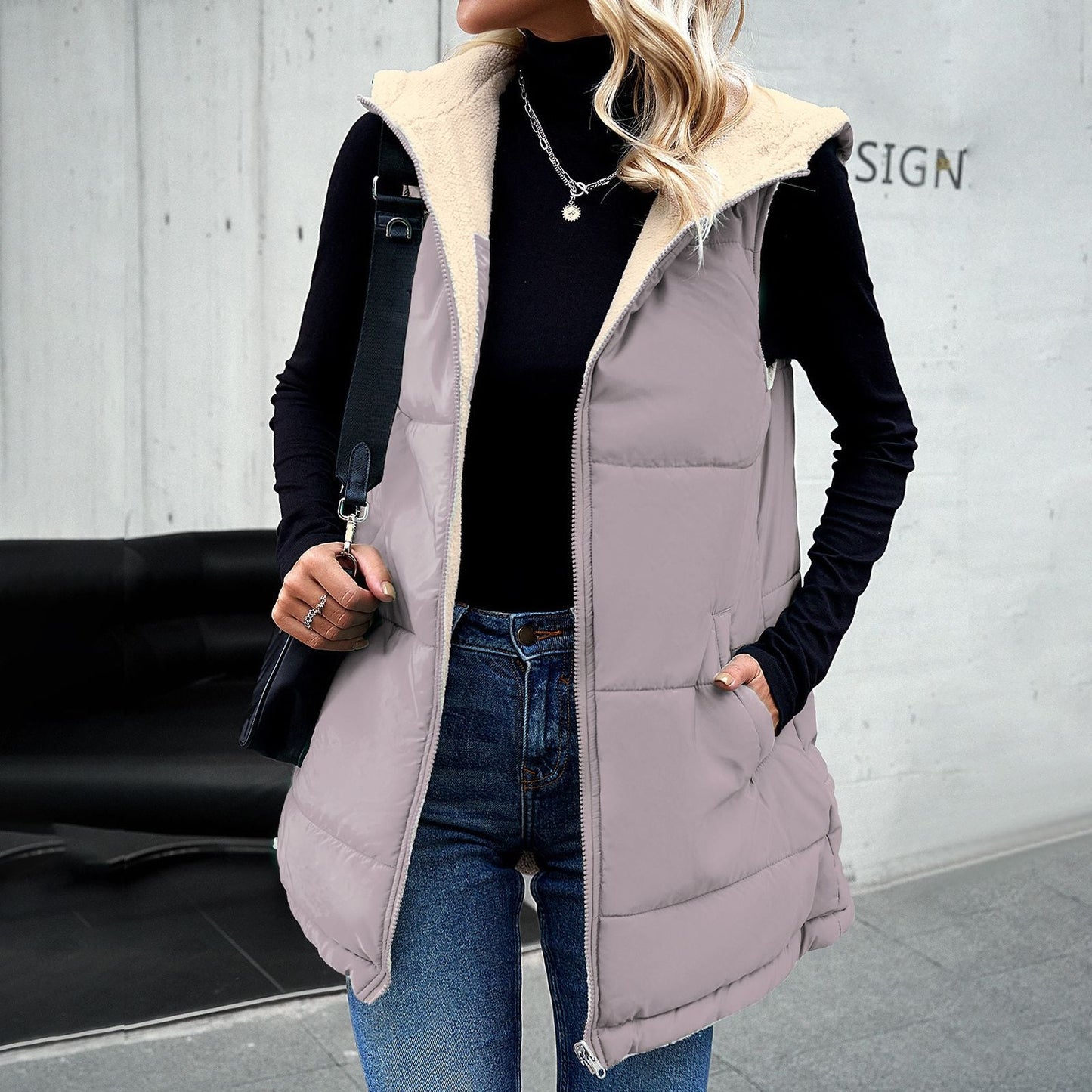 Women's winter loose commuting mid-length hooded cotton coat