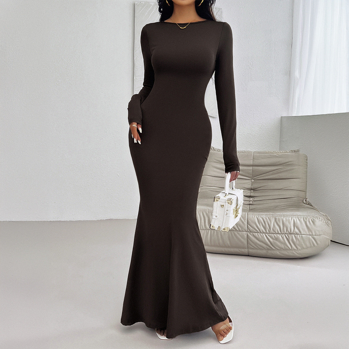 Autumn and winter women's sexy slim round neck solid color long sleeve dress