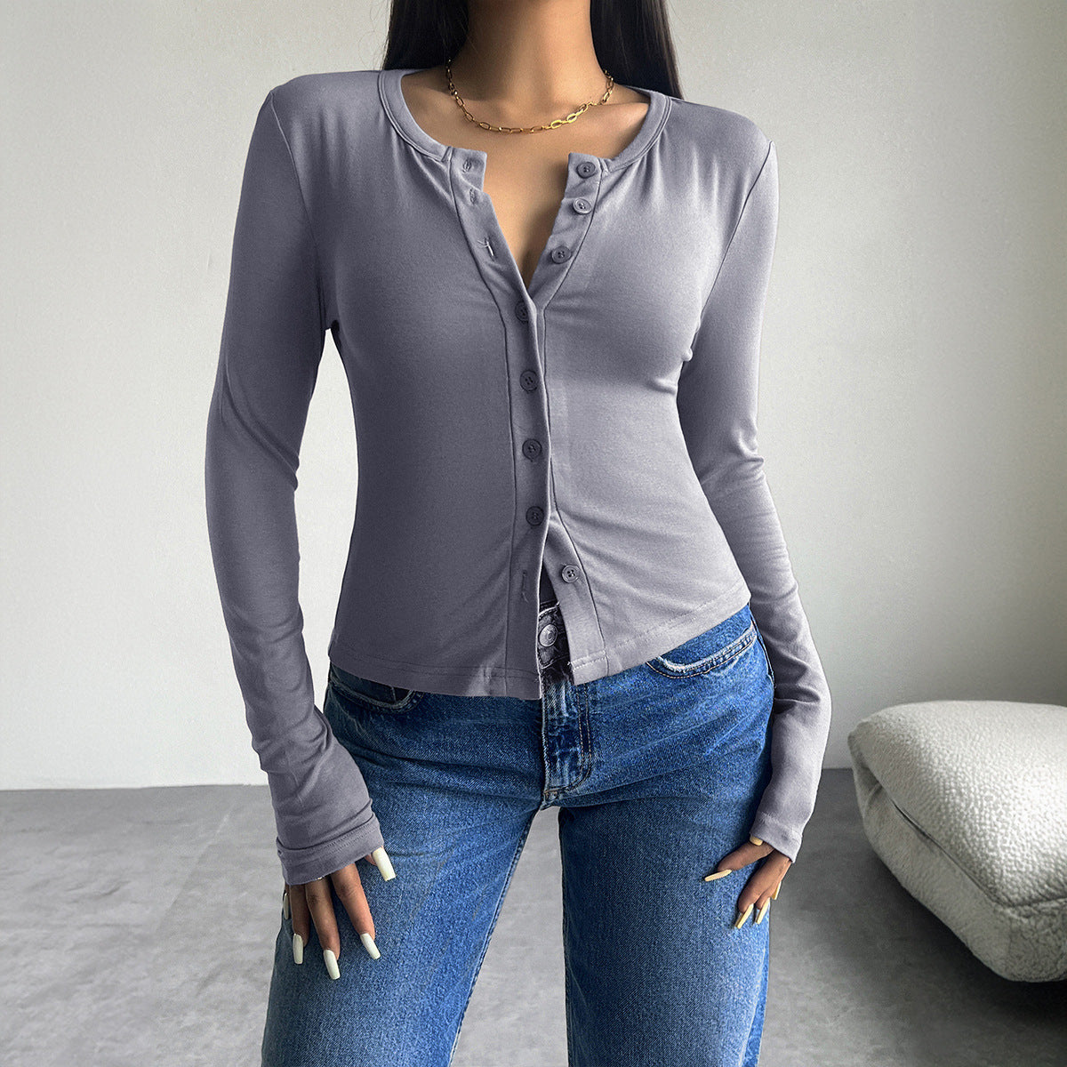 Autumn and Winter Tops Women's Solid Color Slim Cardigan Button Long Sleeve T-shirt