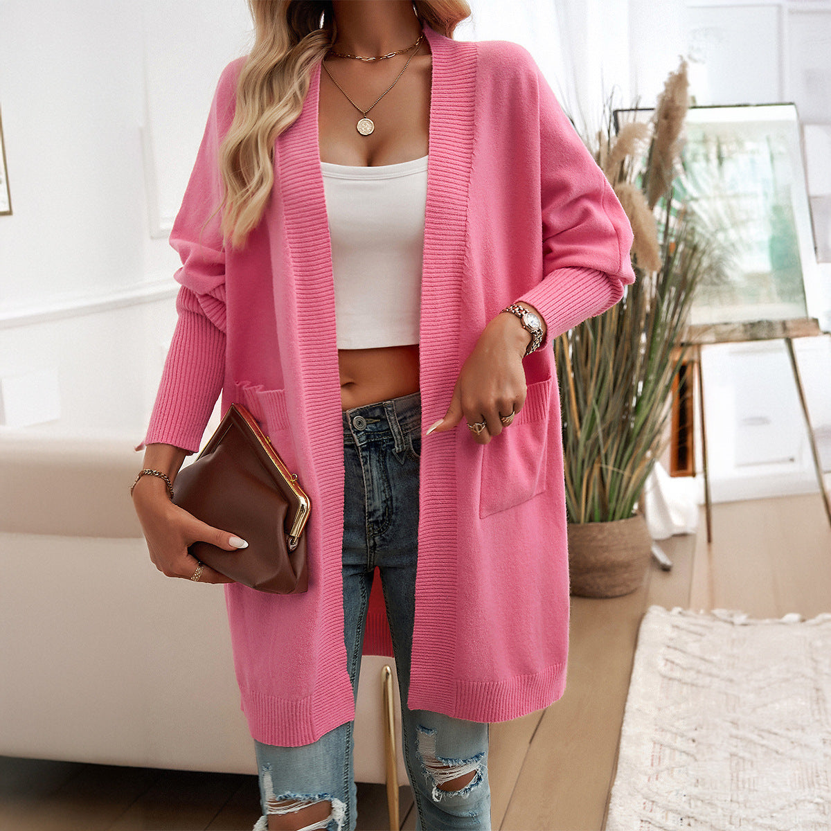 Diyun autumn and winter women's bat sleeve temperament cardigan solid color sweater coat