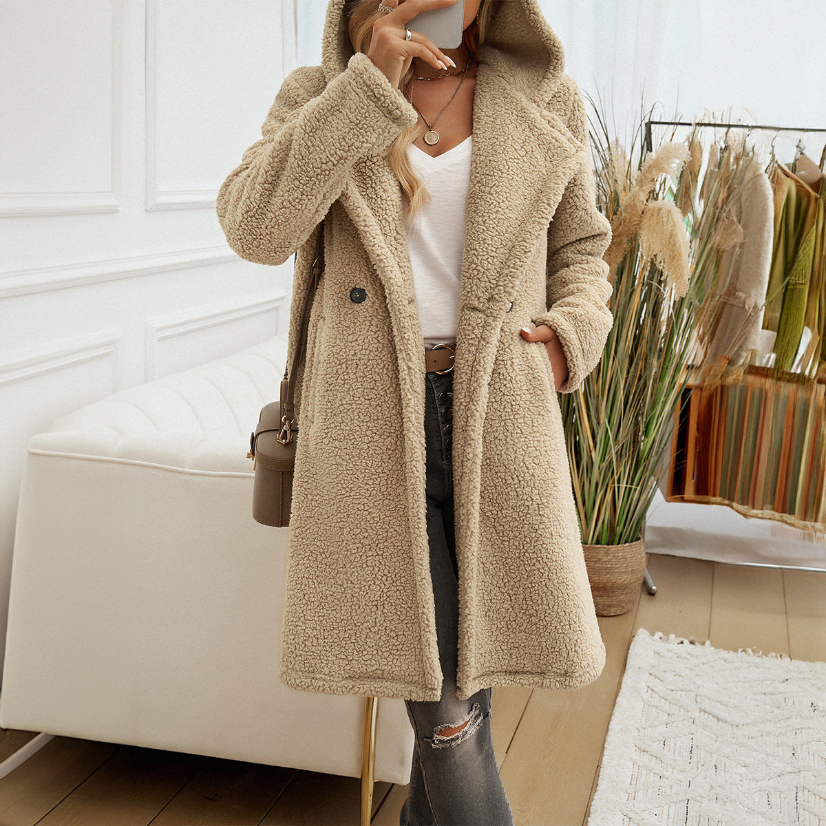 Autumn and winter temperament casual loose hooded knitted jacket for women