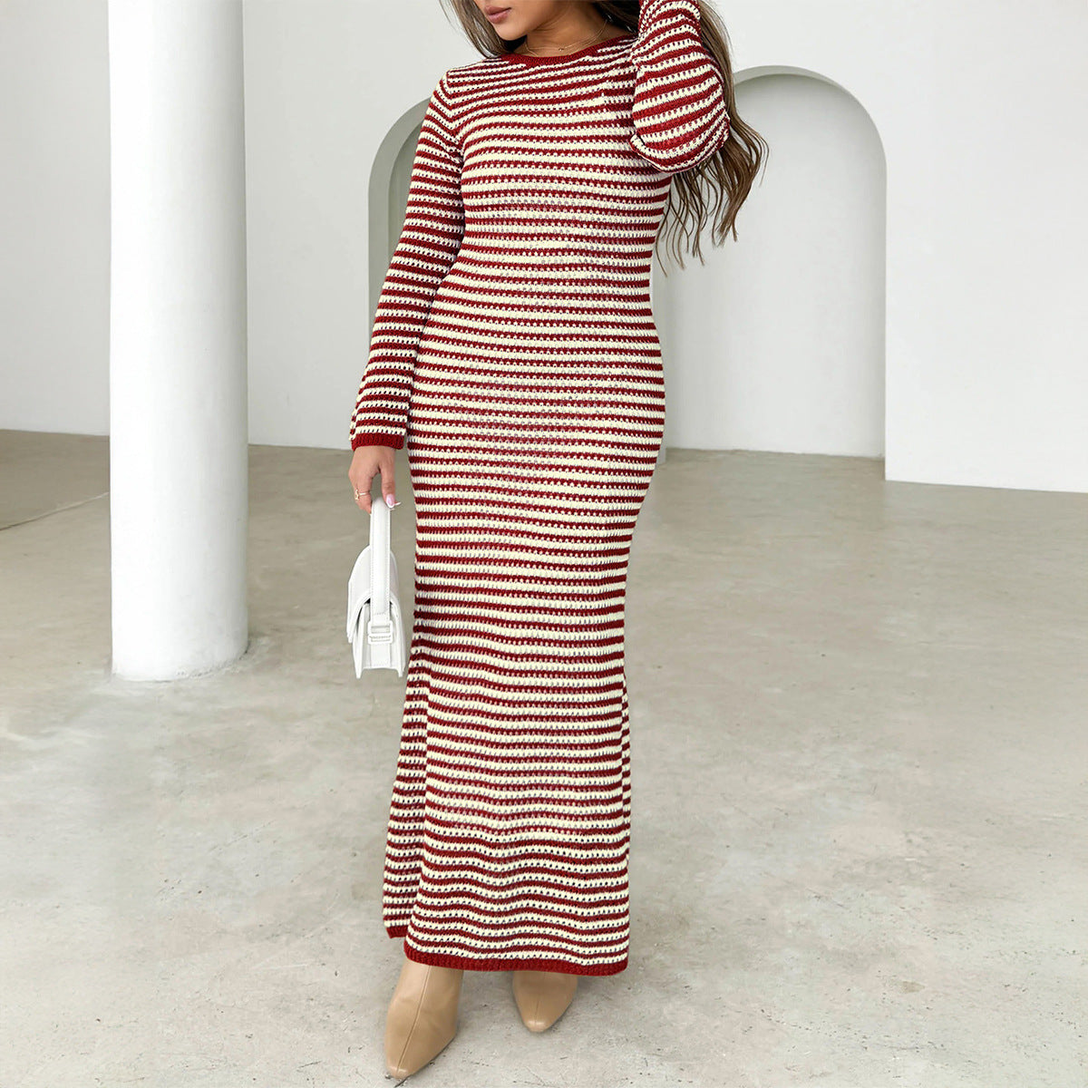 Autumn and winter long skirt women's casual contrast color striped long sleeve sweater dress