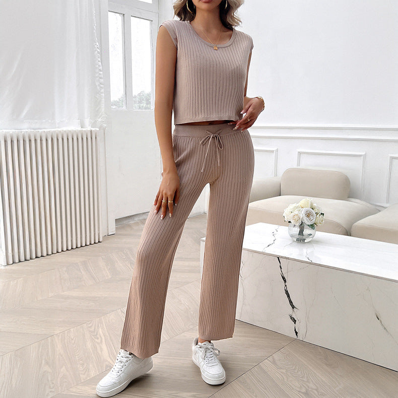 Spring and summer women's round neck temperament slim vest sweater pants suit