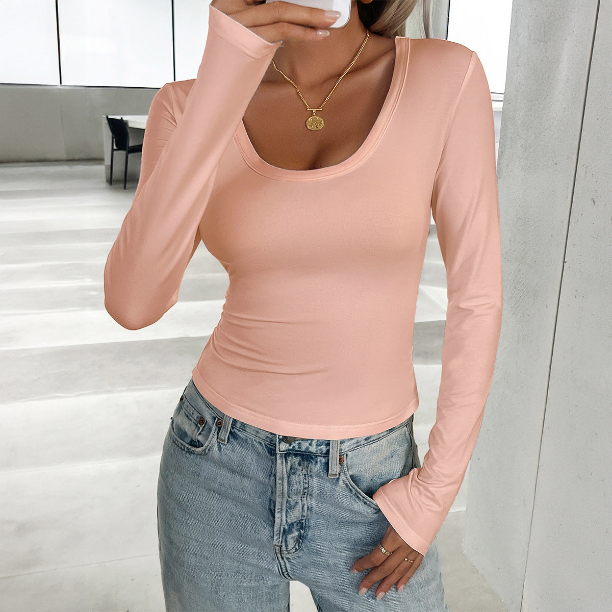 2024 autumn and winter women's sexy slim solid color U-neck pullover long-sleeved top